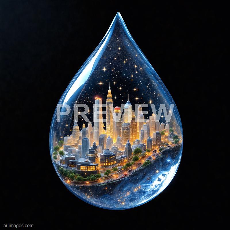 The image depicts a cityscape of a modern metropolis enclosed within a large, transparent water droplet. Inside the droplet, the city is illuminated with bright lights, showcasing numerous skyscrapers including notable tall buildings, with a starry night sky above. The droplet appears to be floating against a dark background, emphasizing the luminous urban scene contained within it.